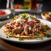 Aromatische Pulled Pork Tostadas mit Chipotle-Creme und Krautsalat